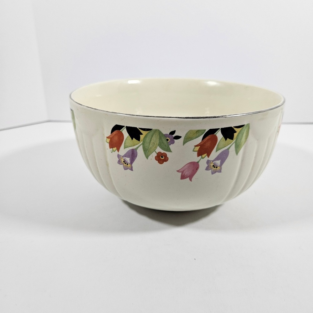 Hall China Crocus Mixing Bowl Vintage Ceramic Ribbed Floral Silver Rim USA 7.5in